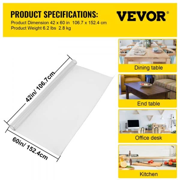 product specifications for VEVOR plastic table cover with dimensions 42"x60" for dining table, end table, office desk, and kitchen.