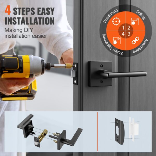 4-step easy installation of VEVOR passage door handle with a cordless drill and assembly guide.