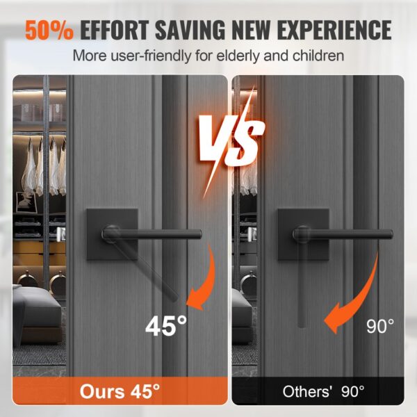 VEVOR passage door handle comparison showing 45-degree vs. 90-degree rotation for easier use.