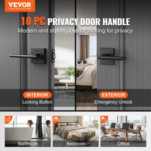 VEVOR privacy door handle for bathroom, bedroom, and office; modern interior locking, emergency unlock.