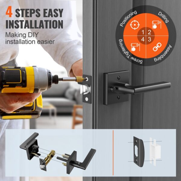 4-step diy VEVOR privacy door handle installation with drill and parts diagram on wooden door.