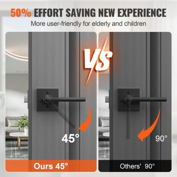 VEVOR privacy door handle comparison: 45-degree lever vs 90-degree lever for easier use.