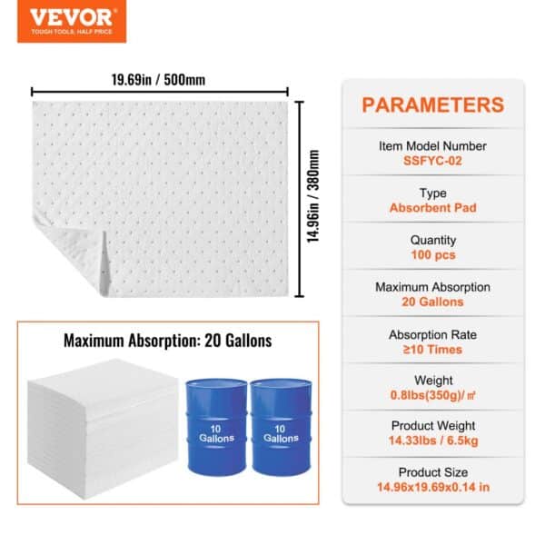 VEVOR Spill Absorbent Pads, Oil Absorbing Mat Absorbs up 20 Gal, 15" L x20" W Polypropylene Absorbent Pad for Oil Only, Oil Spill Mats Pack of 100