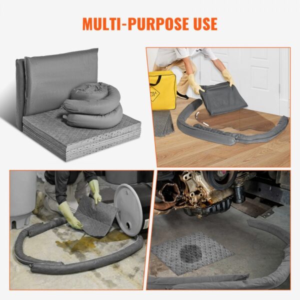 VEVOR universal spill kit for multi-purpose use, shown in various spill cleanup scenarios.