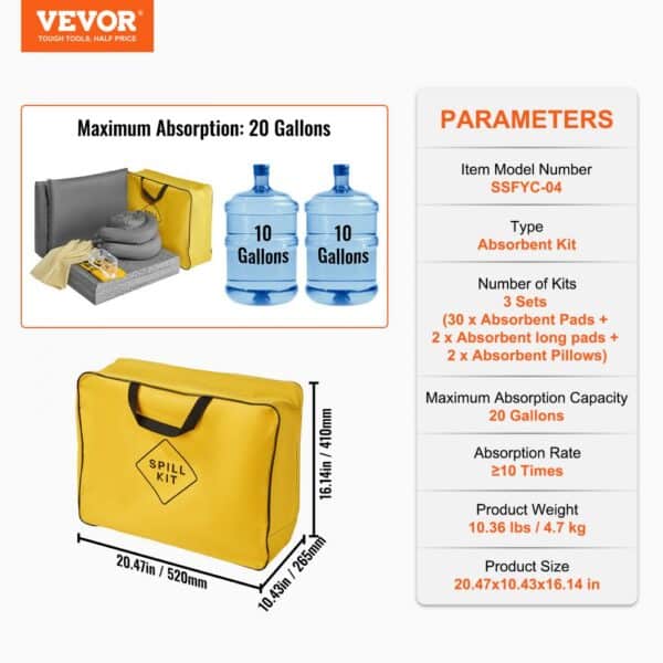 VEVOR universal spill kit with yellow bag and absorbent pads. max absorption: 20 gallons.