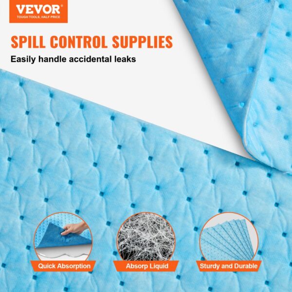 VEVOR absorbent pads for spill control, showcasing quick absorption, liquid absorption, and durability.