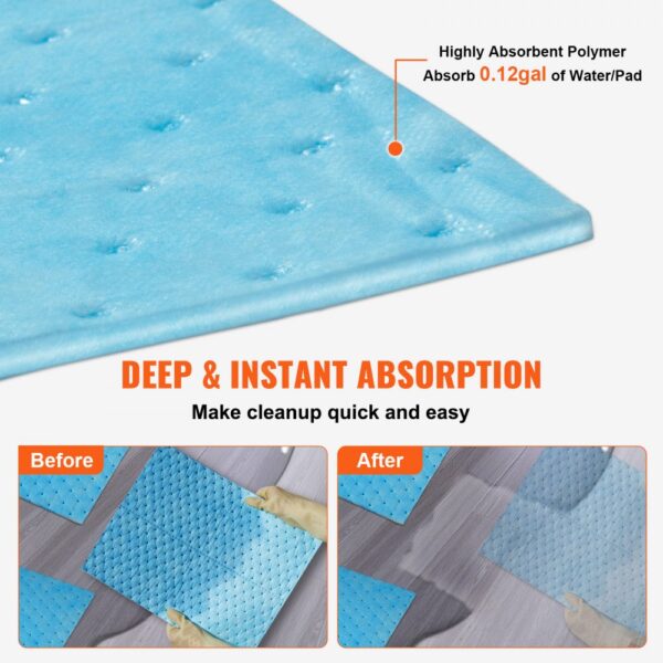 VEVOR absorbent pads offering deep and instant absorption for quick cleanup; before and after use.