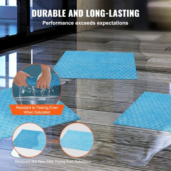 VEVOR absorbent pads demonstrating water resistance and durability on a wet floor.