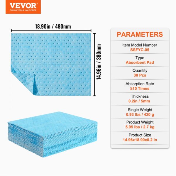 VEVOR absorbent pads, 14.96x18.90 inches, 0.2 inches thick, 30 pieces, blue color, high absorption.