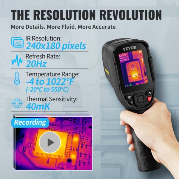 hand holding VEVOR thermal imaging camera, showing specs: 240x180 pixels, 20hz, -4 to 1022°f, 40mk.