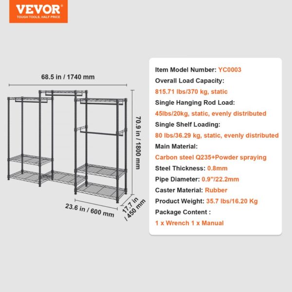 VEVOR Heavy Duty Clothes Rack, Rolling Clothing Garment Rack with 4 Hang Rods & 8 Storage Tiers, Adjustable Custom Closet Rack, Freestanding Wardrobe for Hanging Clothes, 800 lbs Load Capacity