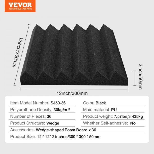 VEVOR Acoustic Foam Panels 36 Pack 12 x 12 x 2 in for Studio Wall and Ceiling