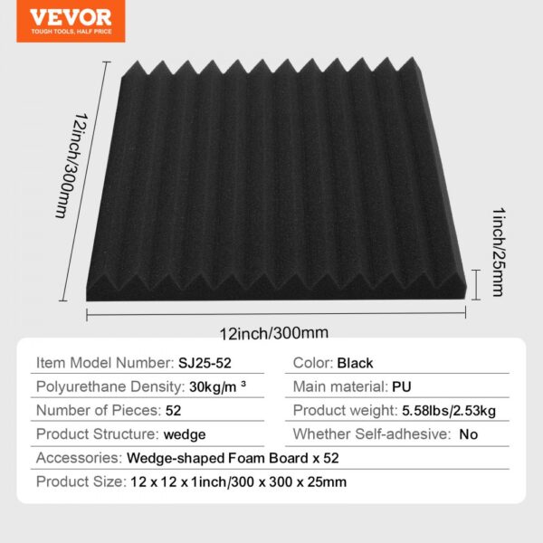 VEVOR Acoustic Foam Panels 52 Pack 12 x 12 x 1 in for Studio Wall and Ceiling