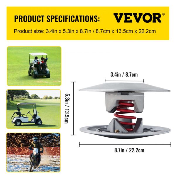 VEVOR golf cart clutch kit shown with product dimensions and golf carts in background.