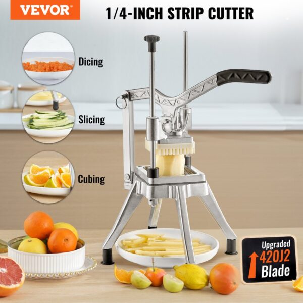 VEVOR vegetable fruit chopper: slicing, dicing, and cubing with upgraded 420j2 blade.