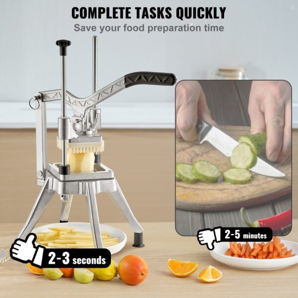 VEVOR vegetable fruit chopper on a kitchen counter, emphasizing speed compared to manual cutting.