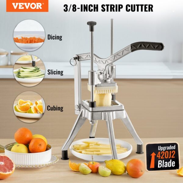 VEVOR vegetable chopper 3/8-inch strip cutter with dicing, slicing, cubing features, and fruits on table.