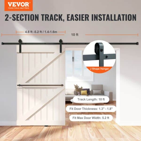 VEVOR sliding barn door hardware kit, 2-section track with j shape hanger, 10 ft length, easy installation.