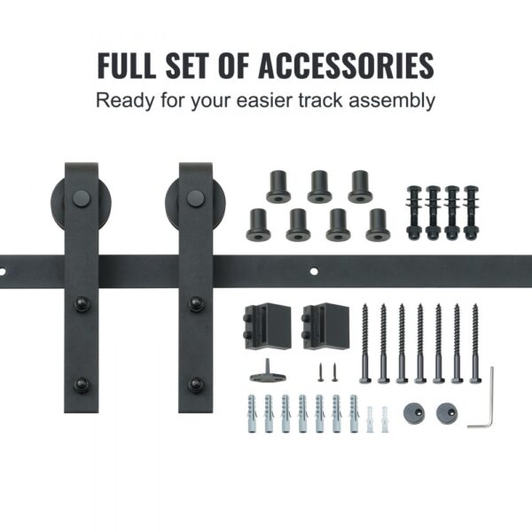 full set of VEVOR sliding barn door hardware kit accessories, including rollers, screws, and track.