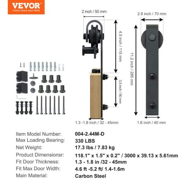 VEVOR sliding barn door hardware kit with dimensions and installation components detailed.