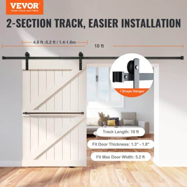 VEVOR sliding barn door hardware with 10 ft track, fitting door thickness 1.3"-1.8" and max width 5.2 ft.