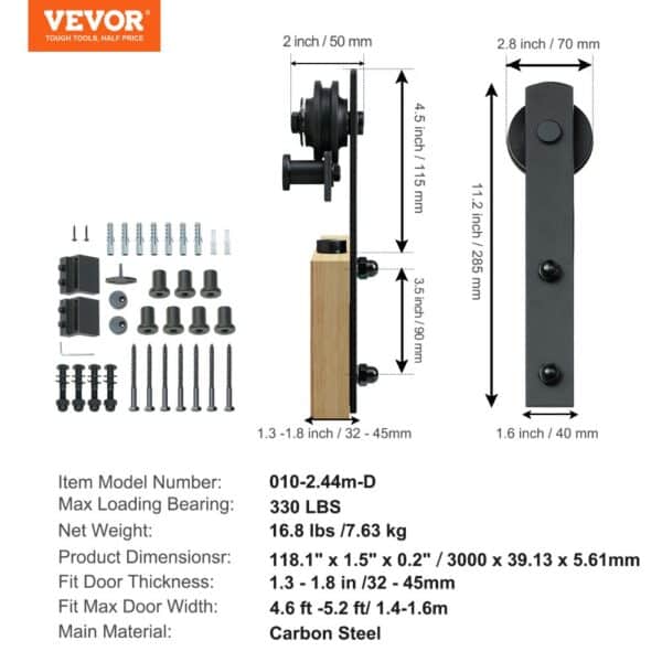 VEVOR sliding barn door hardware set with measurements, screws, bolts, and installation details.