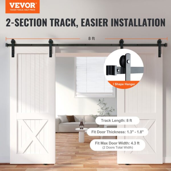 VEVOR sliding barn door hardware kit with 8 ft 2-section track for easier installation.