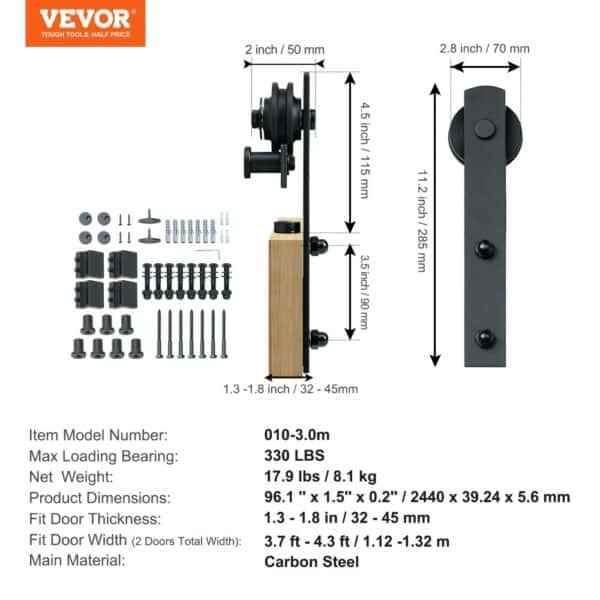 VEVOR sliding barn door hardware kit with max loading bearing of 330 lbs and dimensions detailed.