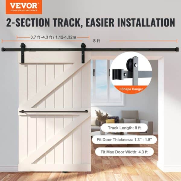 VEVOR sliding barn door hardware kit with 2-section track, white door, and i shape hanger.