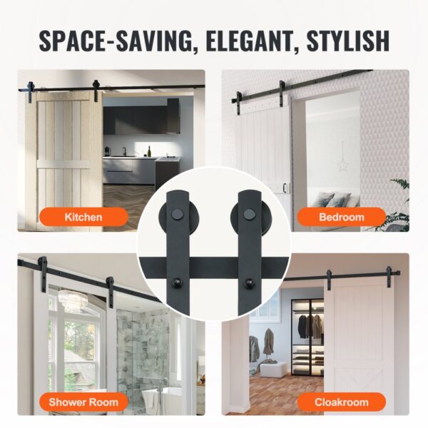 VEVOR sliding barn door hardware kit for kitchen, bedroom, shower room, and cloakroom; space-saving and stylish.