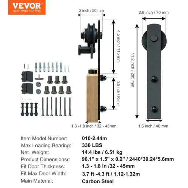 VEVOR sliding barn door hardware kit components and dimensions, with carbon steel material and fasteners.