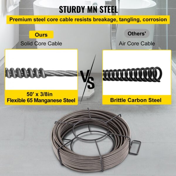 VEVOR drain cleaning cable vs brittle carbon steel cable in premium steel core.