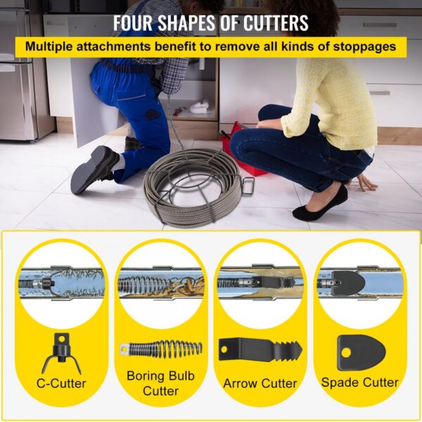 technician using VEVOR drain cleaning cable with various cutter attachments for stoppages.