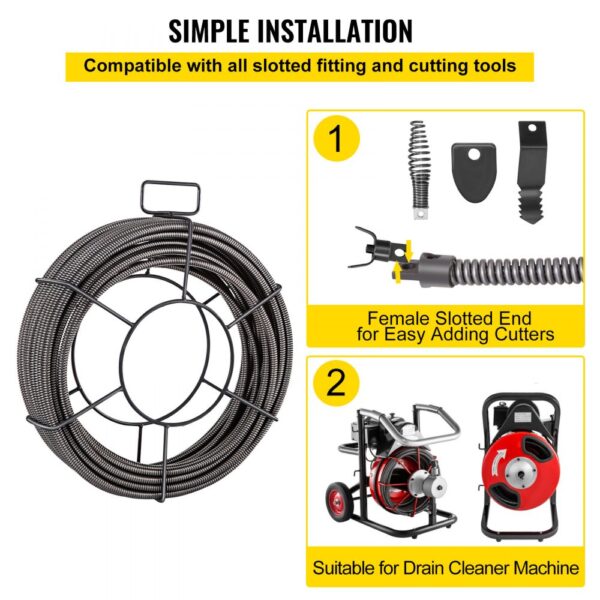 VEVOR drain cleaning cable with slotted fitting and cutting tools, suitable for cleaner machine.