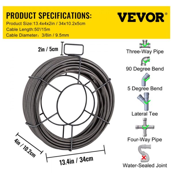 VEVOR drain cleaning cable, 50ft length, 3/8in diameter, pipe types suitability chart.