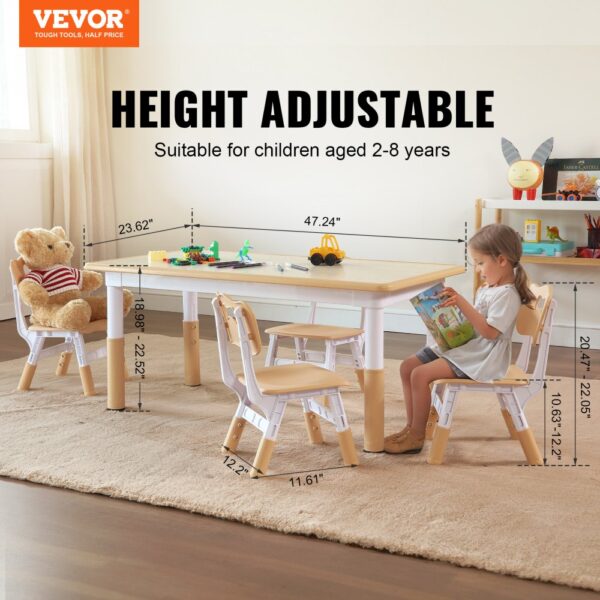 VEVOR kids table and chairs set, height adjustable, suitable for children aged 2-8 years, playing and reading.