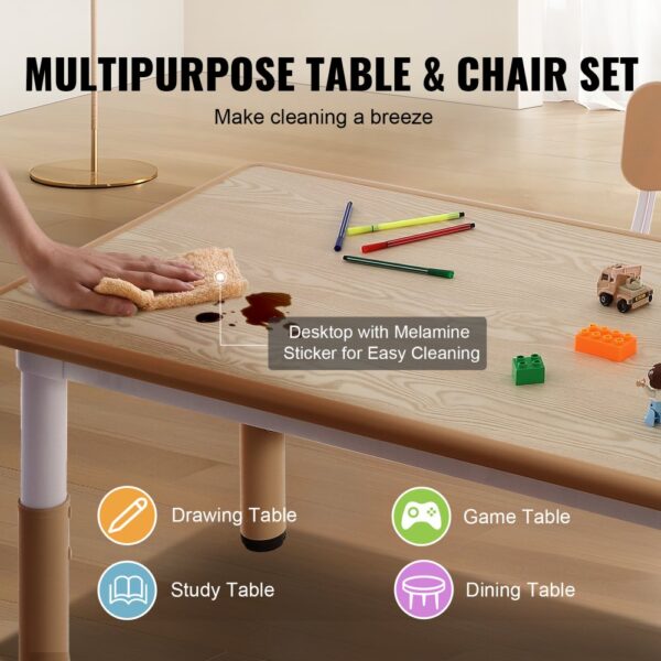 VEVOR kids table and chairs set for drawing, studying, gaming, and dining with easy-clean melamine desktop.