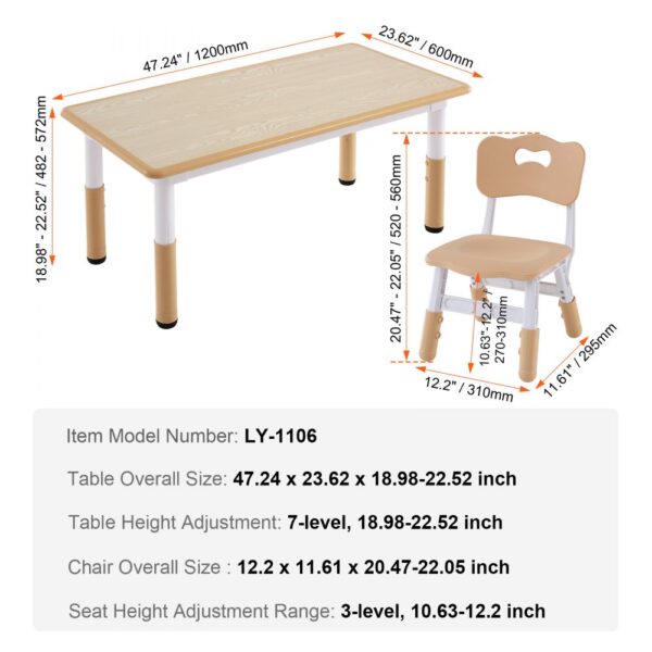 VEVOR kids table and chairs set, adjustable, beige, dimensions and model ly-1106 shown.