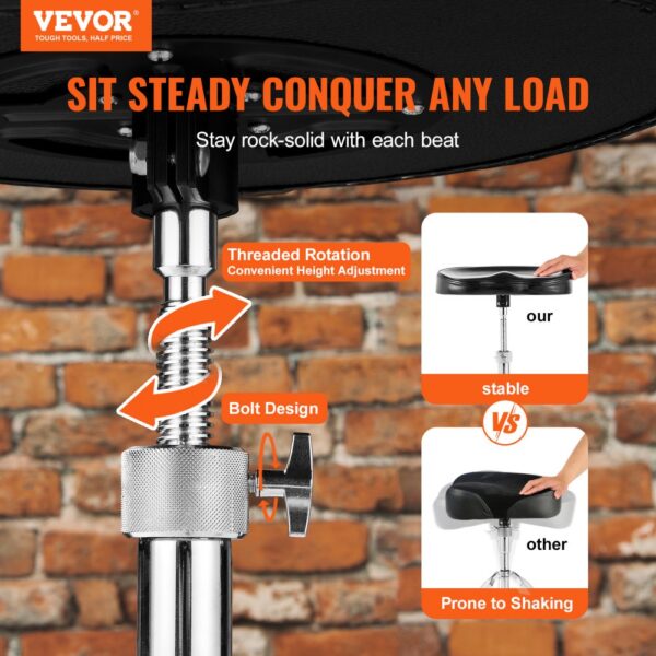 VEVOR drum throne with threaded rotation, bolt design, showcasing stability vs. shaking.