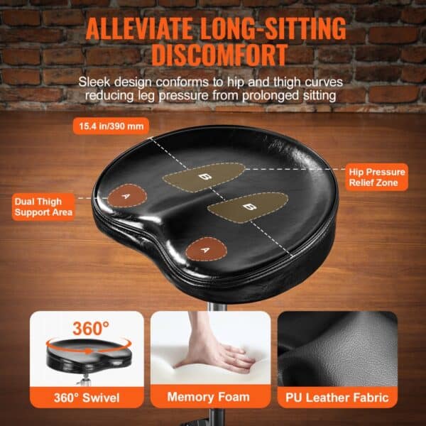 VEVOR drum throne with 360° swivel, memory foam, pu leather fabric, and hip pressure relief zones.