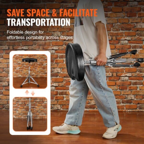 portable foldable VEVOR drum throne for easy transportation against brick wall background, showing features.