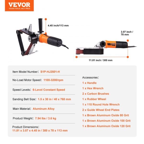 VEVOR Pipe Tube Polisher Sander 1300W 6 Variable Speeds with 3PCS Sanding Belts