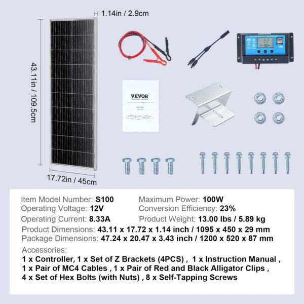 VEVOR solar panel kit with 100w panel, controller, z brackets, cables, bolts, and screws displayed.