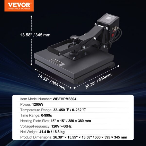 VEVOR Heat Press Machine 15 x 15 in Sublimation Printer Transfer for DIY T-shirt