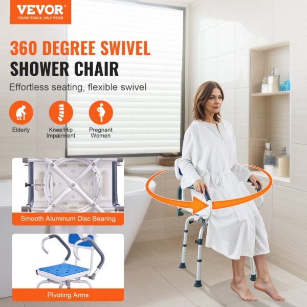 VEVOR shower chair with 360-degree swivel, smooth aluminum disc bearing, and pivoting arms for easy use.