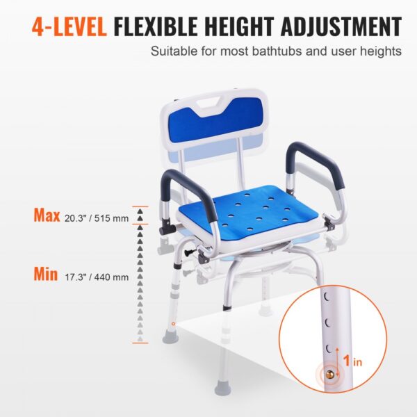 4-level flexible height adjustment VEVOR shower chair suitable for most bathtubs and user heights.