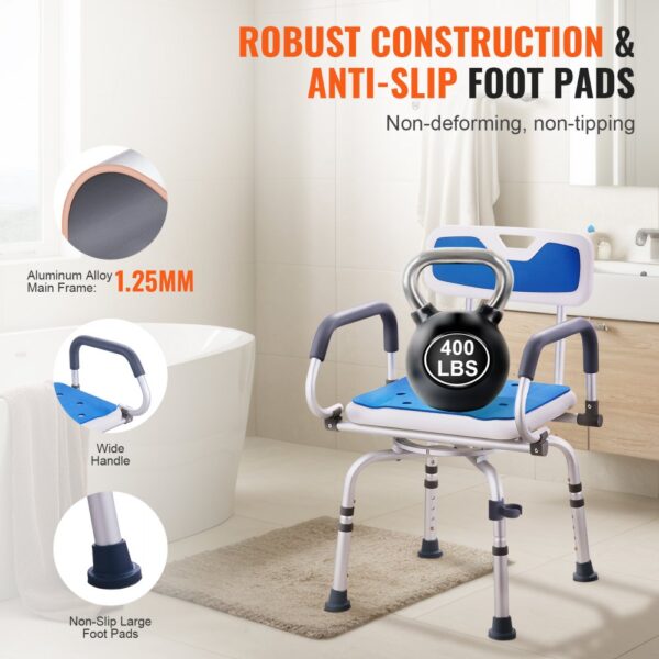 VEVOR shower chair in bathroom, robust construction, anti-slip foot pads, supports 400 lbs, aluminum frame.