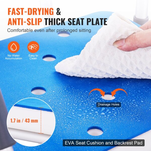 fast-drying and anti-slip thick seat plate of VEVOR shower chair with drainage holes and eva cushion.