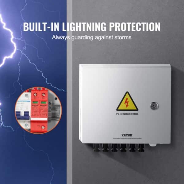 VEVOR solar combiner box with built-in lightning protection against storms; close-up of circuit breakers.