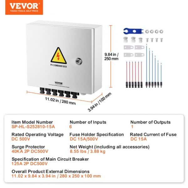 VEVOR solar combiner box with dimensions 11.02in x 9.84in x 3.94in, 6 inputs, 1 output, surge protection.